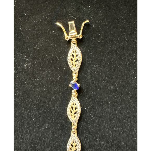 SIGNED DL Gold Plated Sterling 925 Filigree Sapphire Blue Crystals 7.5” Bracelet - Picture 8 of 12